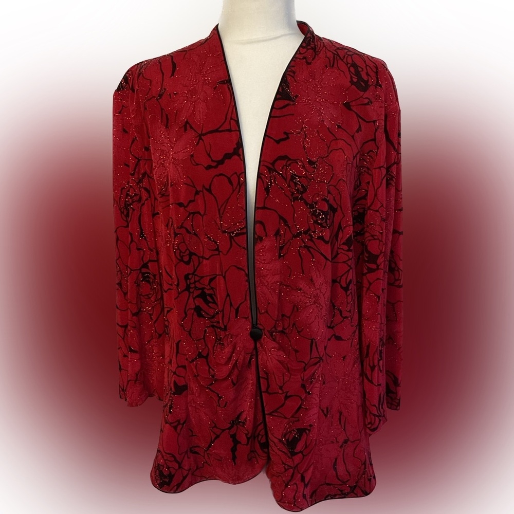 Cherry Red & Black Sparkle 3/4 Sleeve Jacket Sz 3x Christmas Holiday Collarless